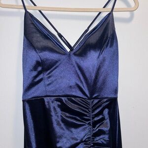 WT Windsor Midnight Blue Maxi Length Satin Dress with Slit and Scrunch